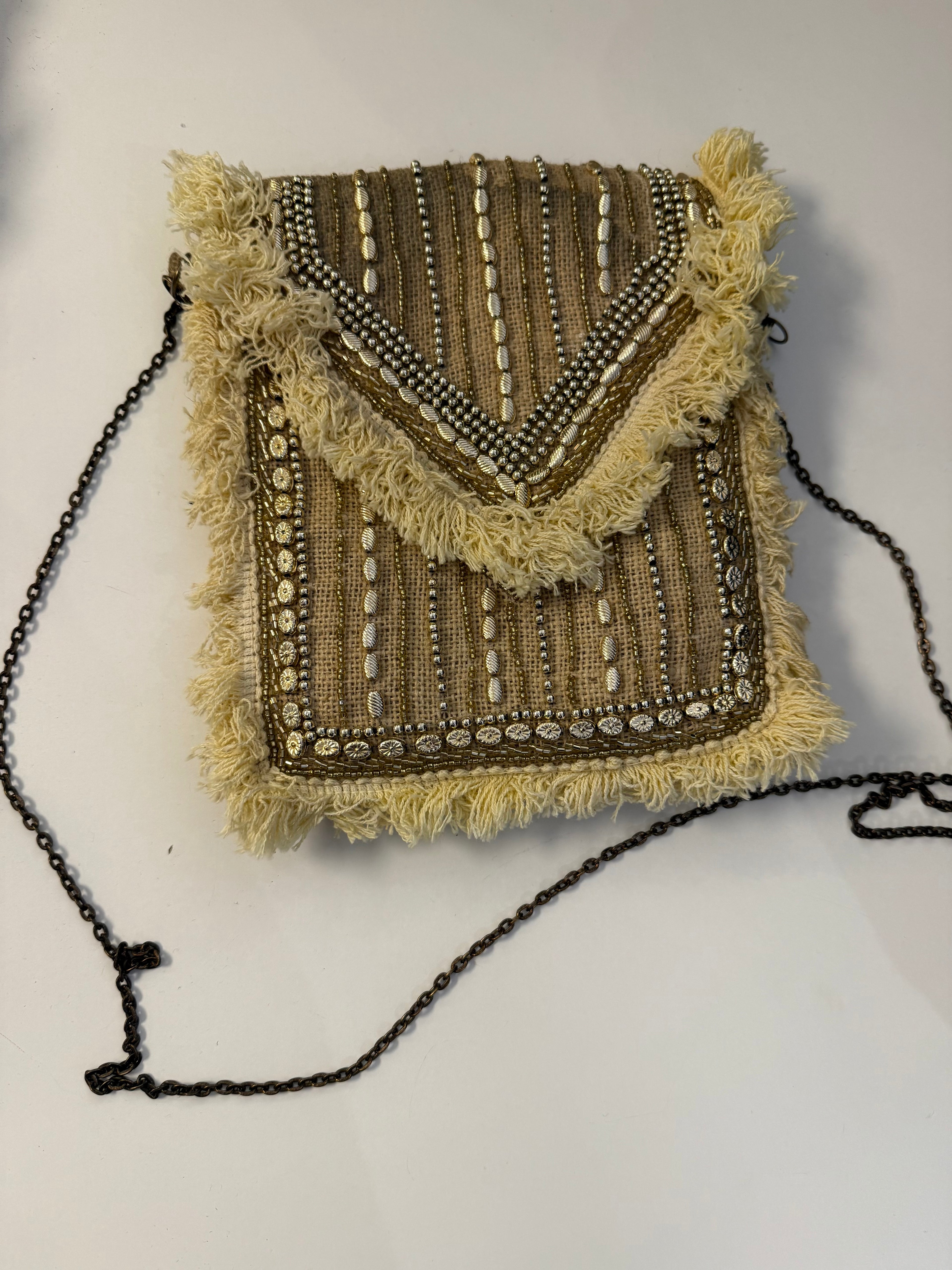 Boho Chic Embellished Crossbody Bag - Beige