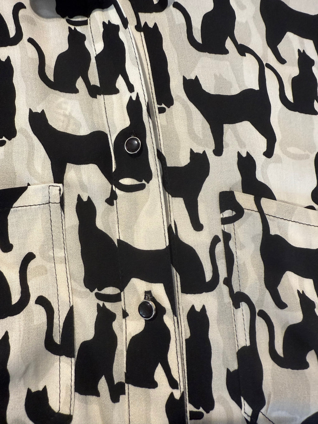 Beige Blouse with Black Cat and White Card Print