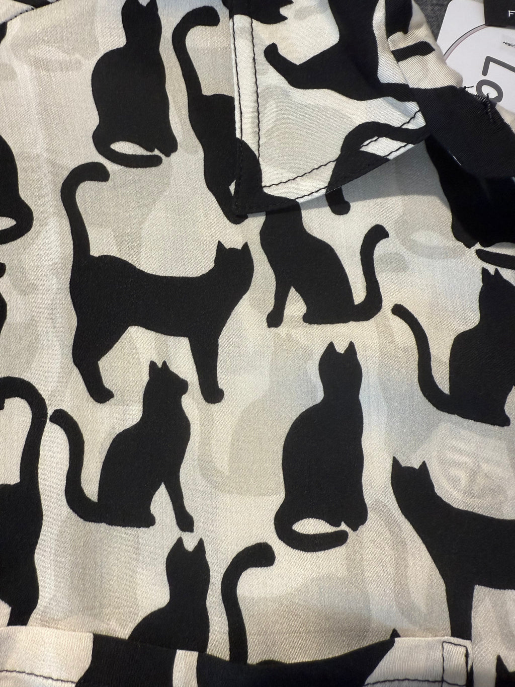 Beige Blouse with Black Cat and White Card Print