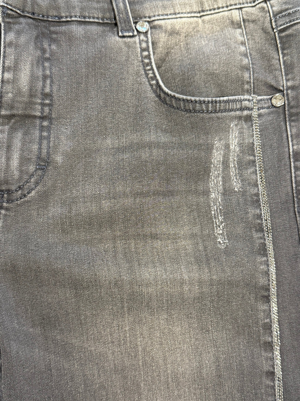 Grey Denim Jeans with Distressed Details & Metal Rivets