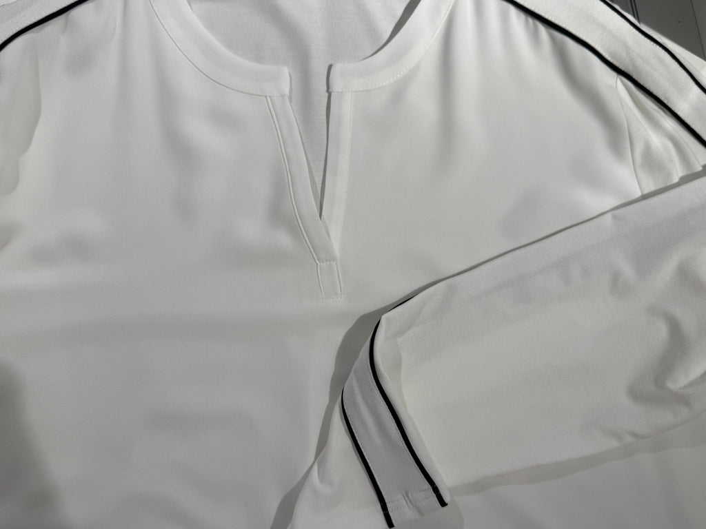 White Blouse with Contrast Piping & Split Neckline