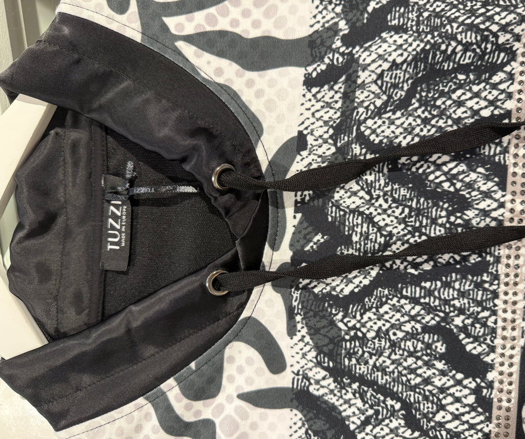 Black Dress with Patterned Front and Drawstring Detail