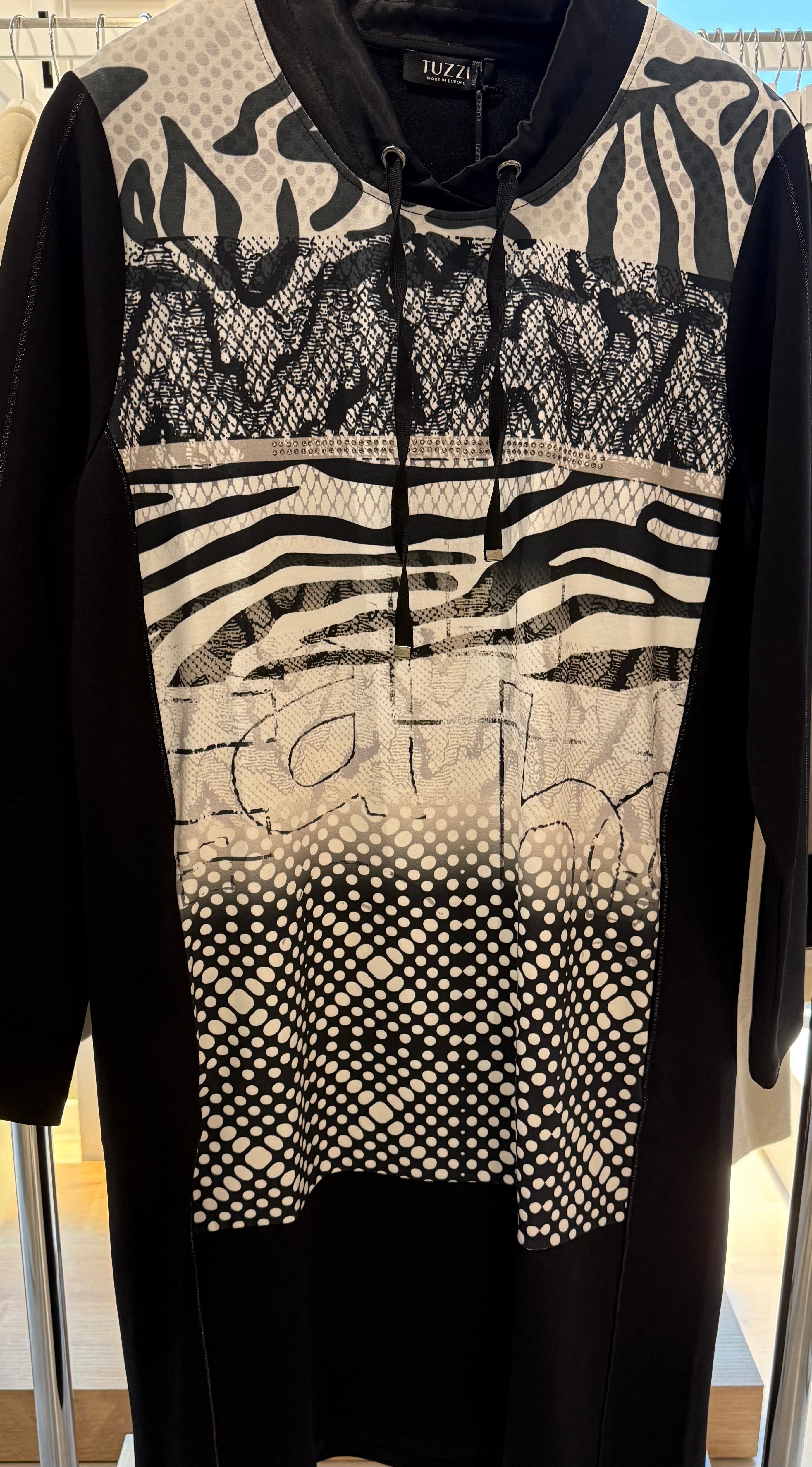 Black Dress with Patterned Front and Drawstring Detail