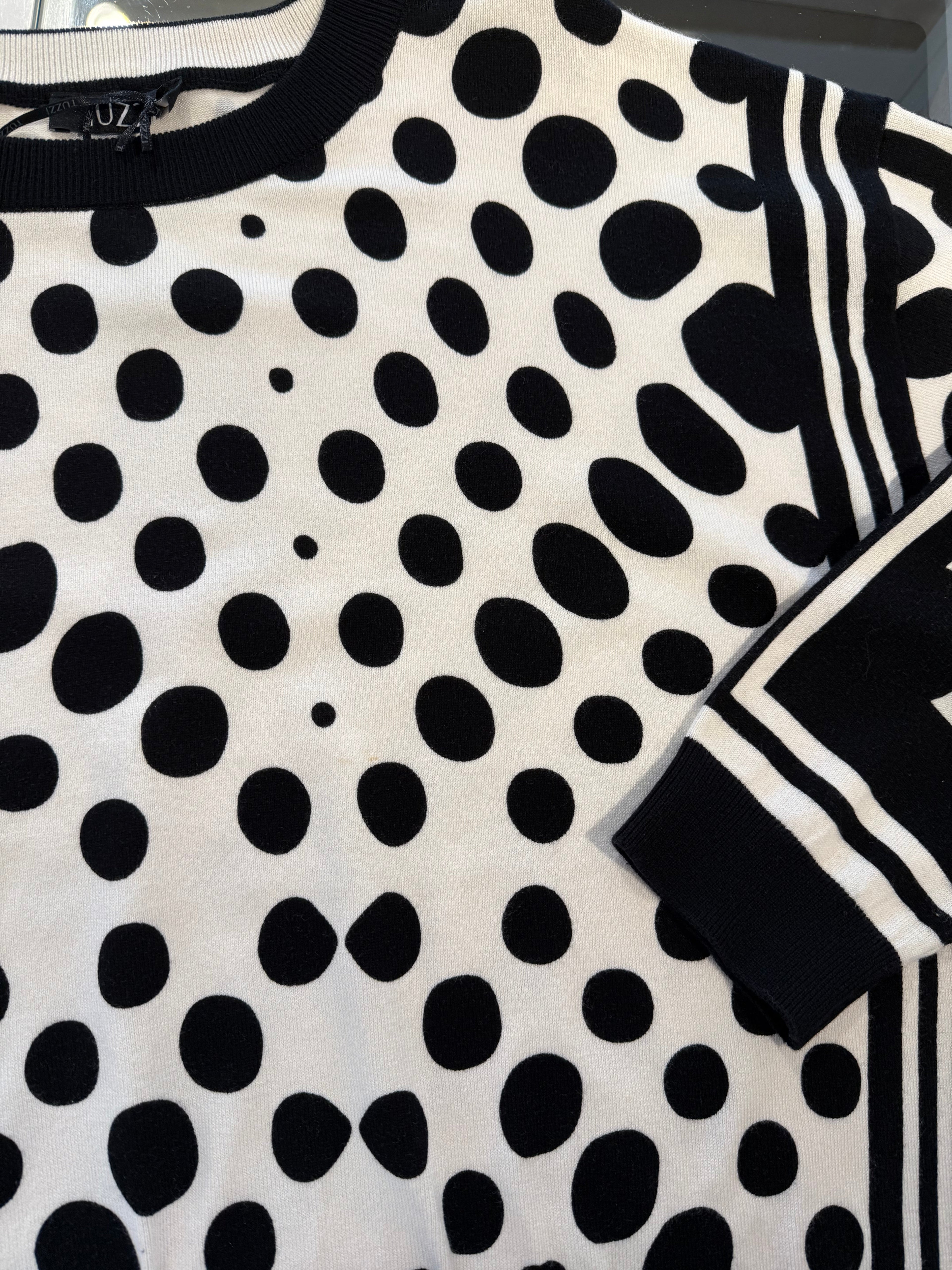 Black & White Top with Polka Dot Design and Side Stripes