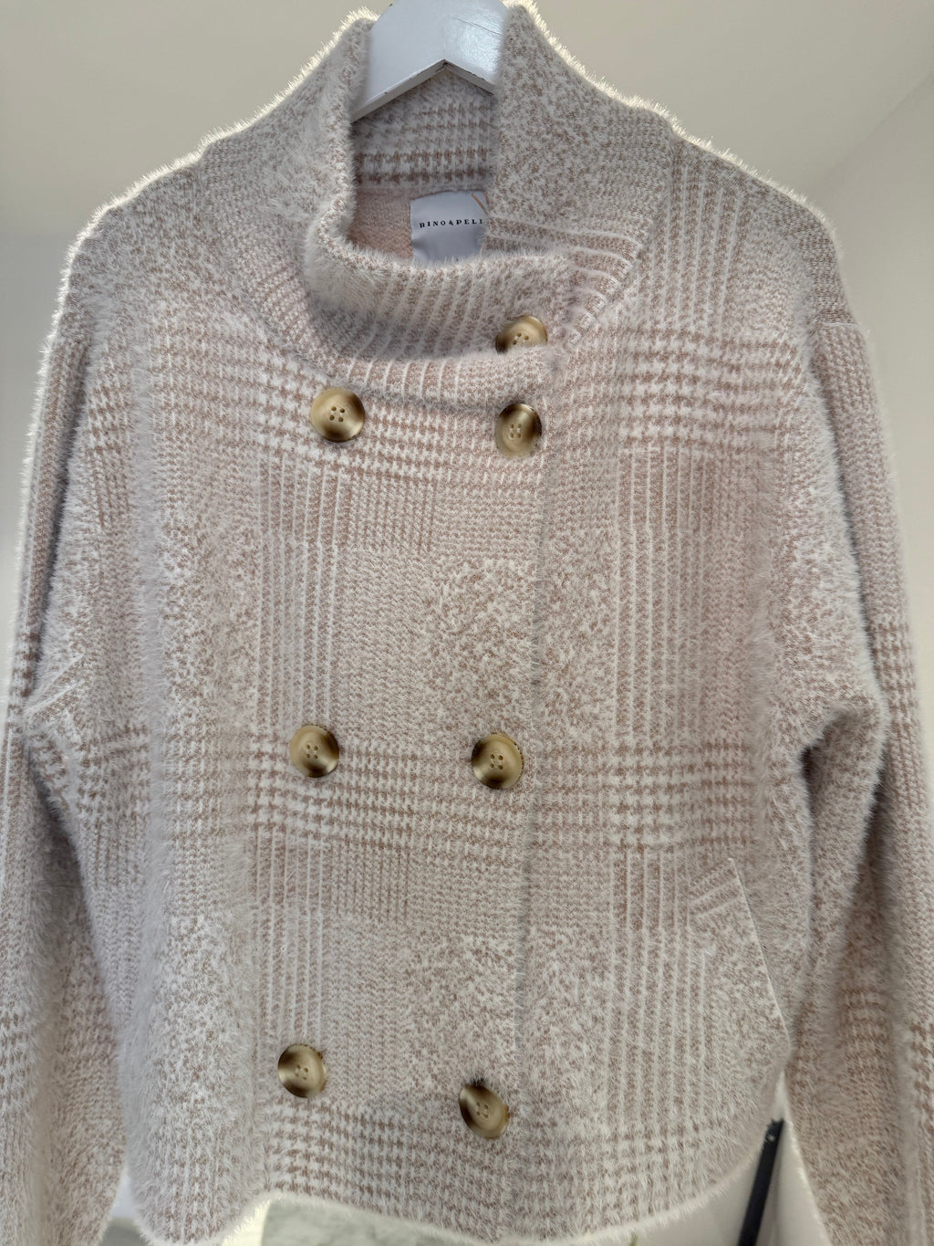 Short double breasted jacket Stone check