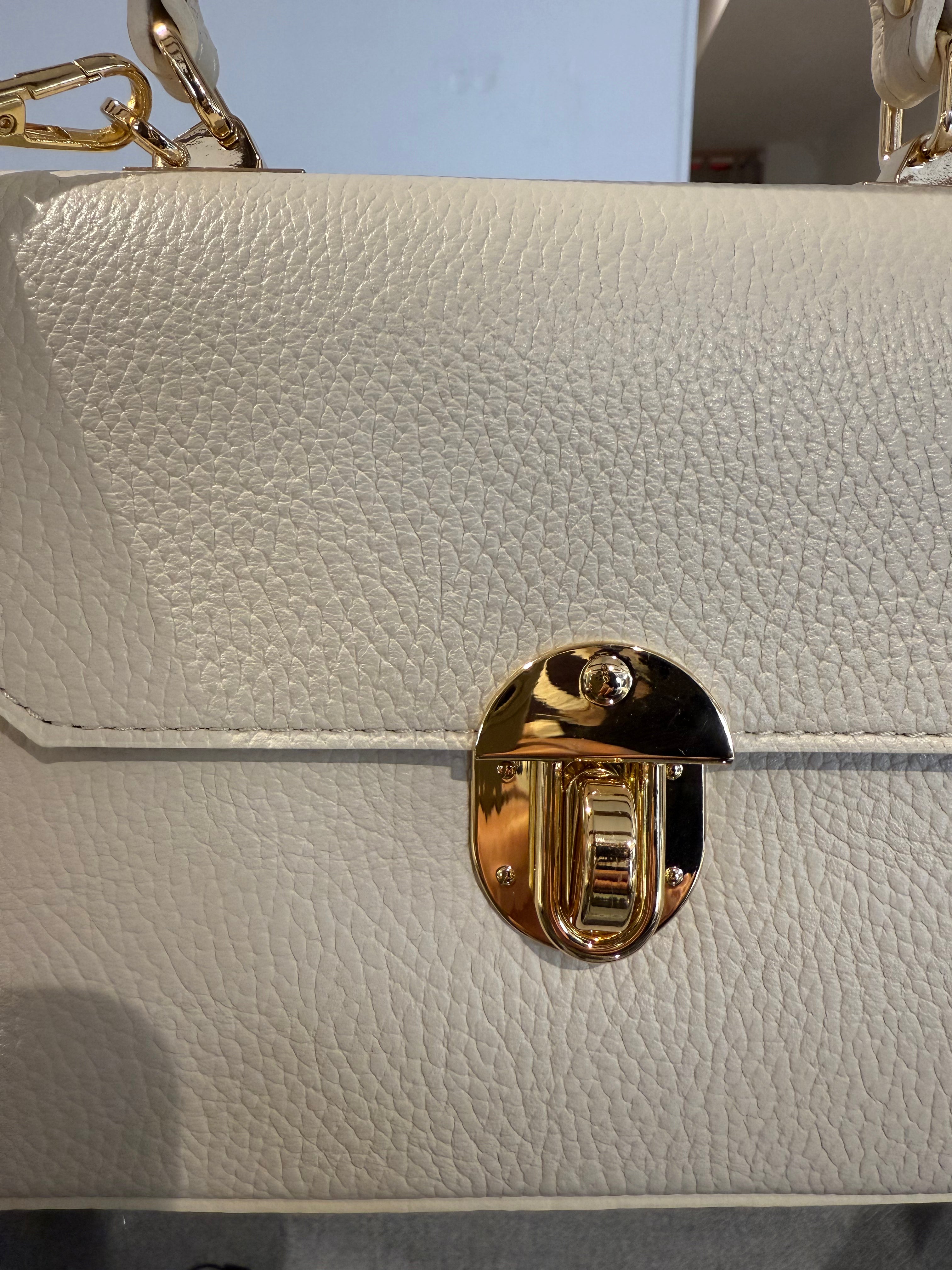 Cream Structured Handbag with Gold-Tone Lock
