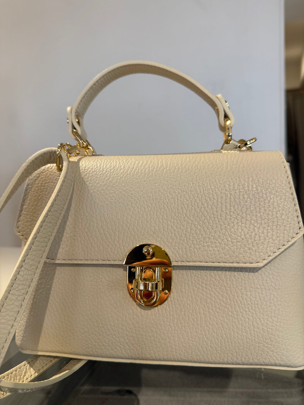Cream Structured Handbag with Gold-Tone Lock