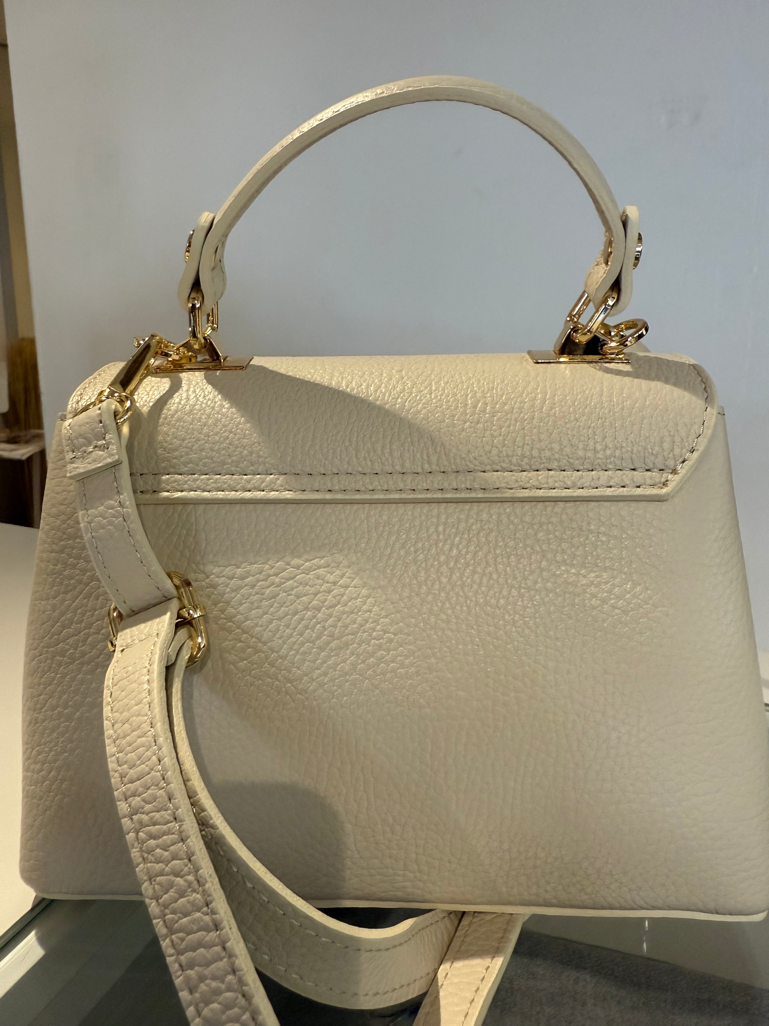 Cream Structured Handbag with Gold-Tone Lock