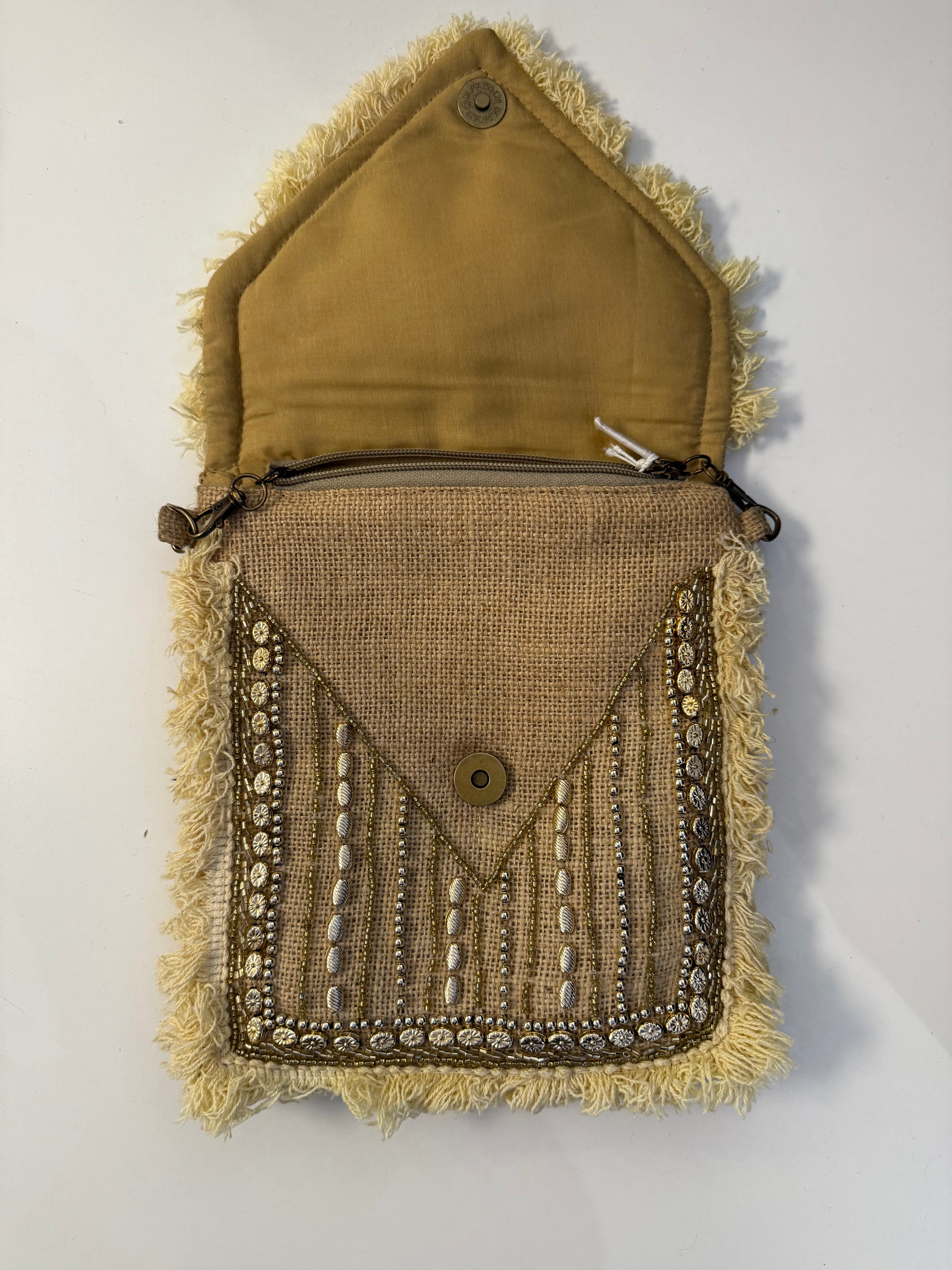 Boho Chic Embellished Crossbody Bag - Beige