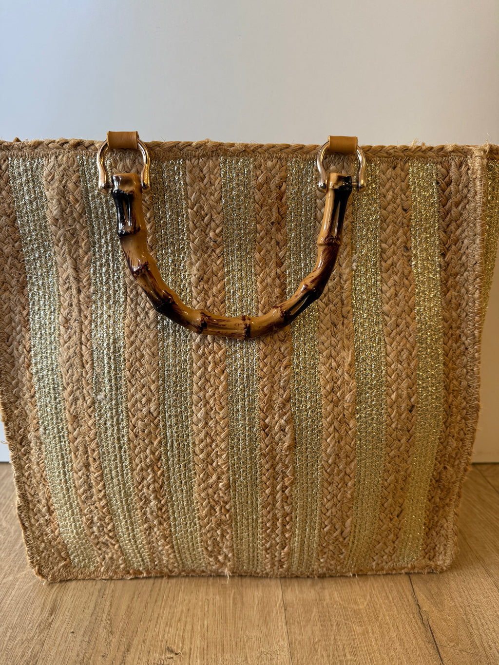 Beaded Straw Tote Bag with Bamboo Handles