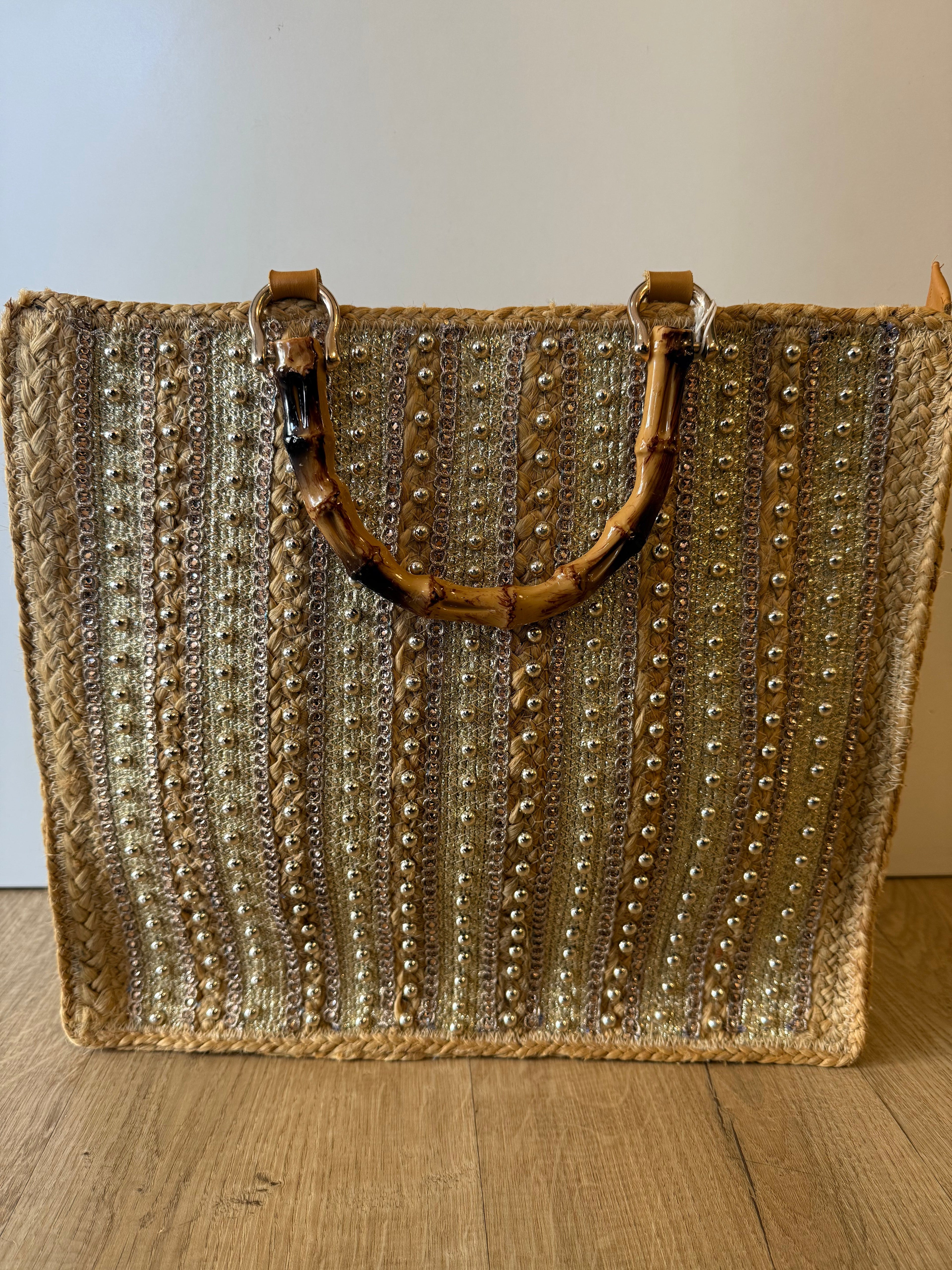 Beaded Straw Tote Bag with Bamboo Handles