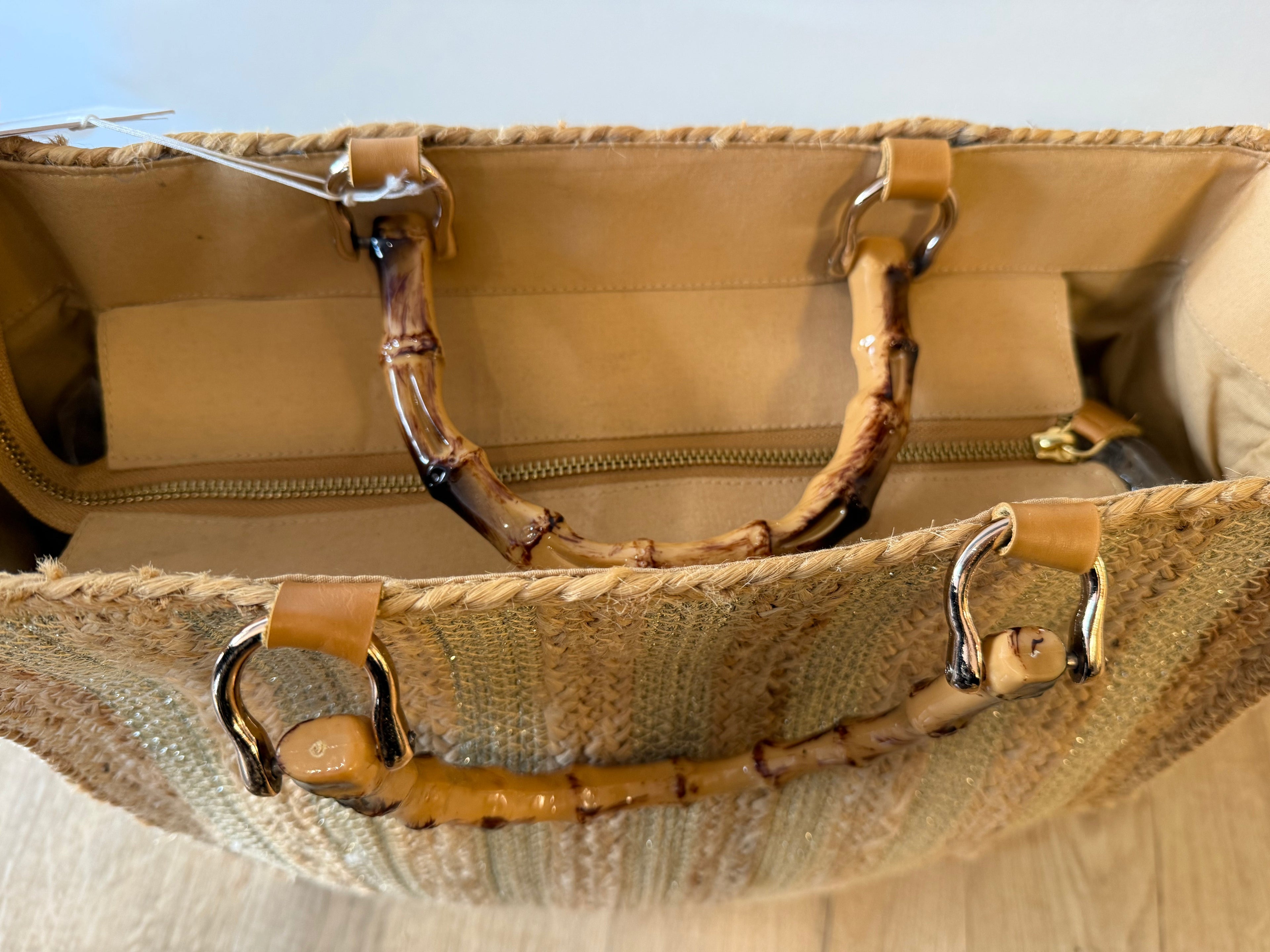 Beaded Straw Tote Bag with Bamboo Handles