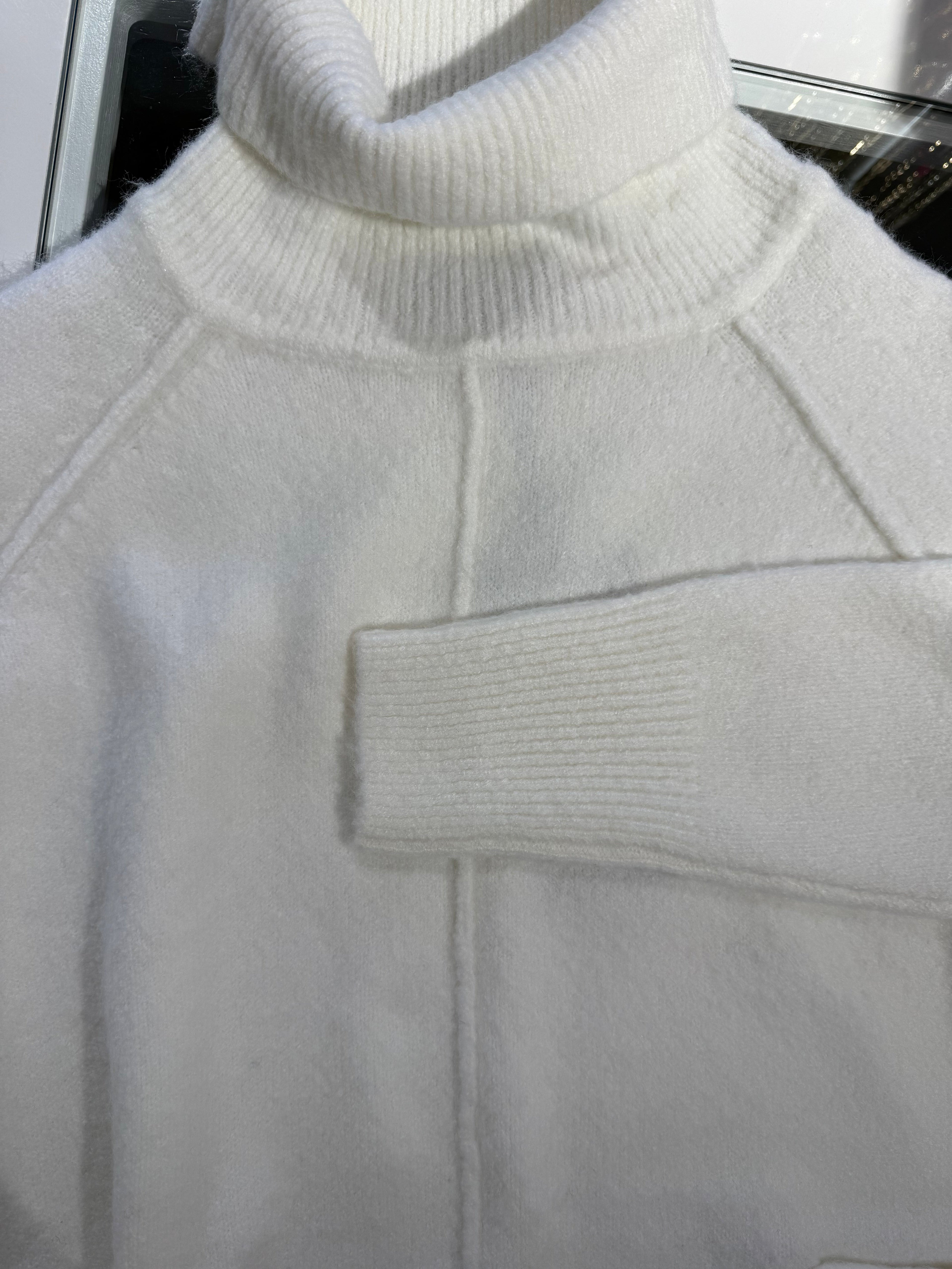 White Knit Turtleneck with Front Stripe Details