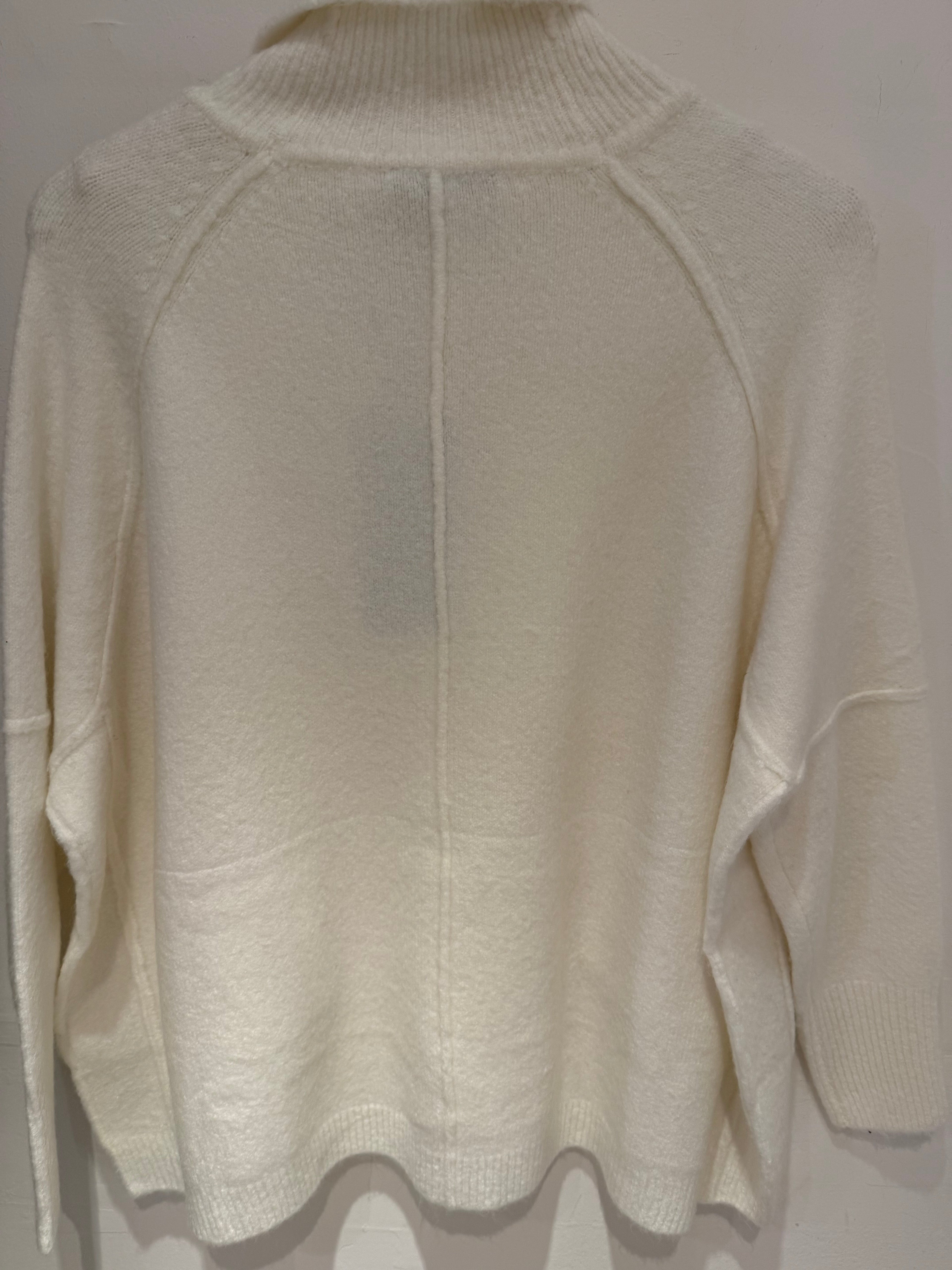 White Knit Turtleneck with Front Stripe Details