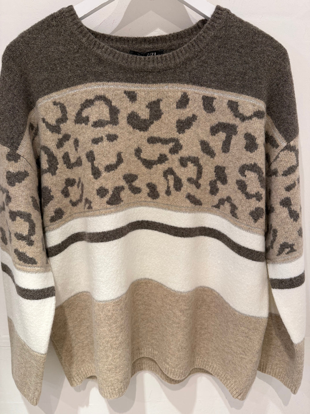 Brown & Beige Knit Sweater with Leopard and Glitter Details