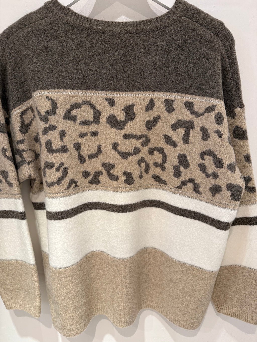 Brown & Beige Knit Sweater with Leopard and Glitter Details