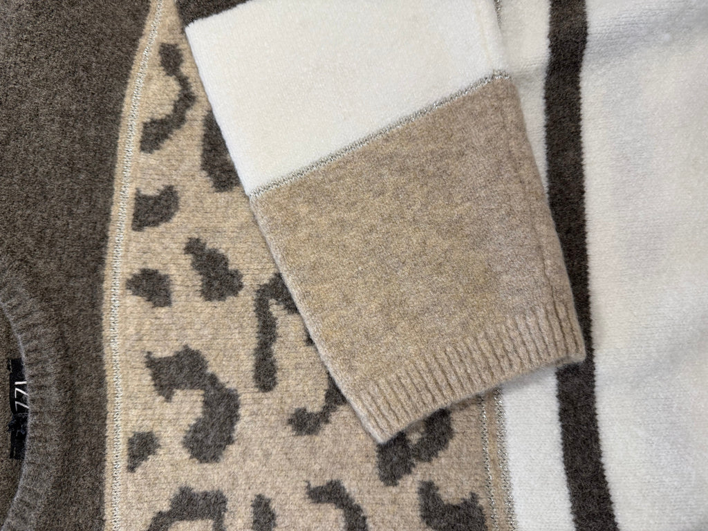 Brown & Beige Knit Sweater with Leopard and Glitter Details