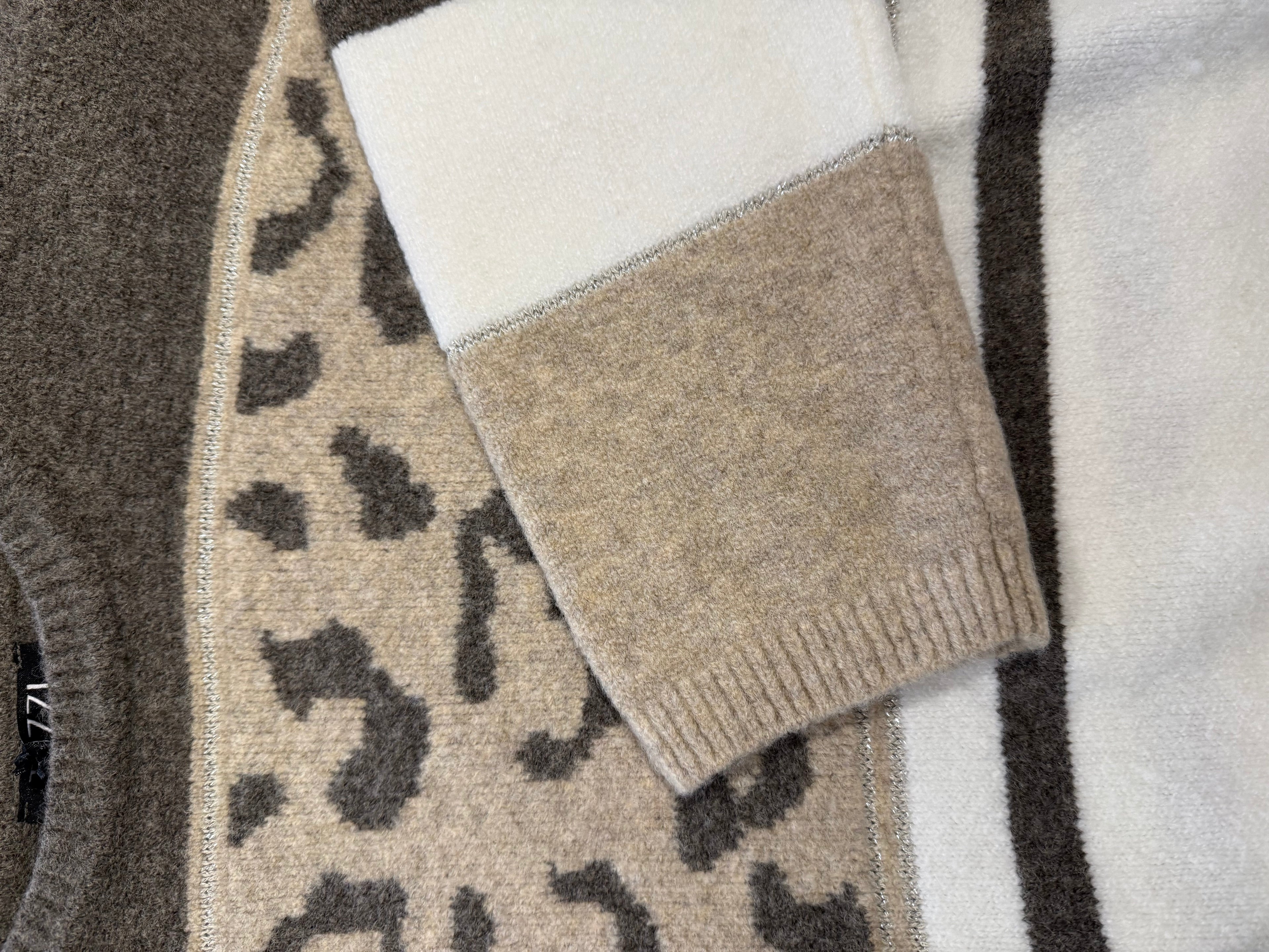 Brown & Beige Knit Sweater with Leopard and Glitter Details