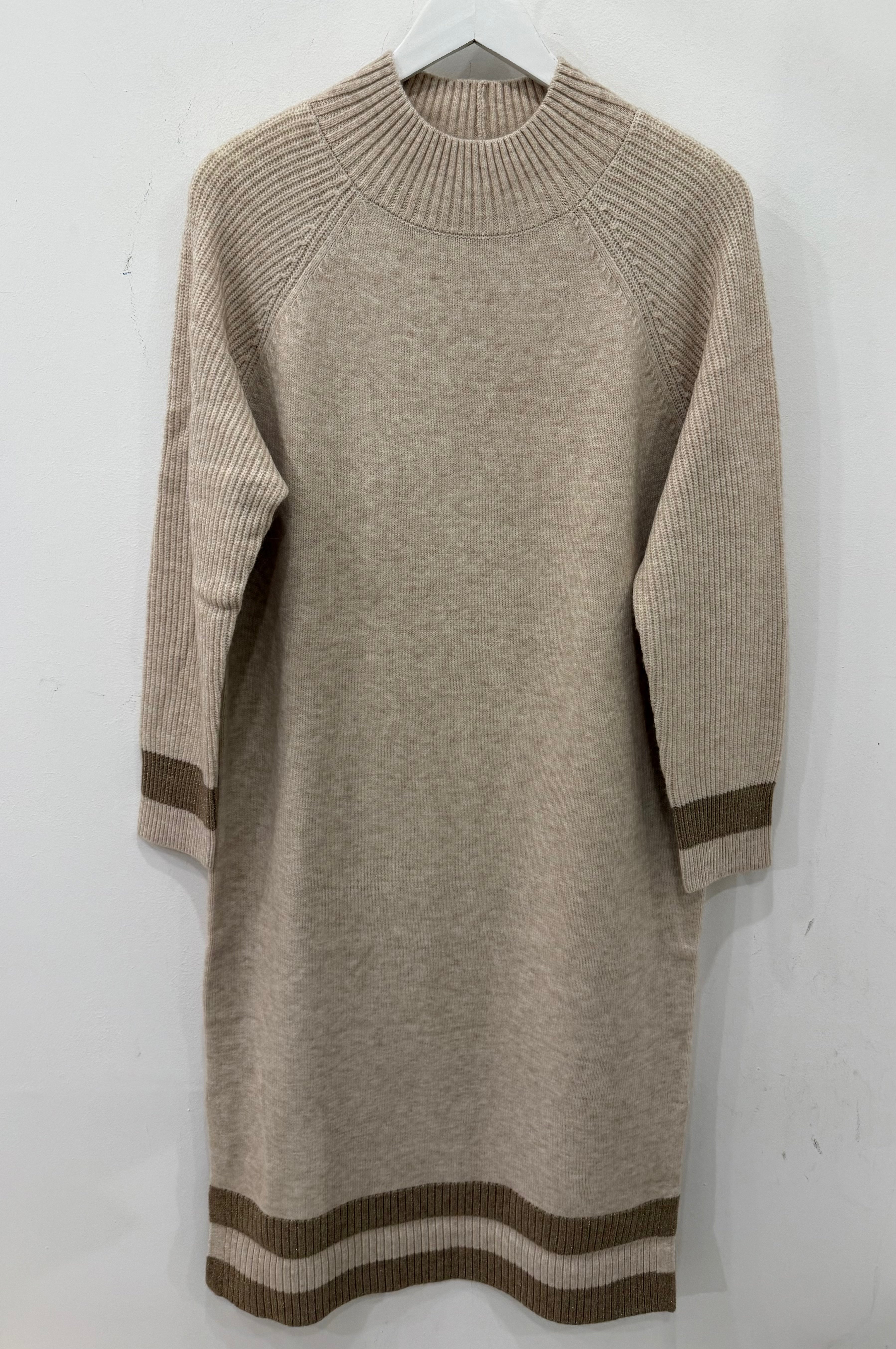 Beige Knit Dress with Striped Detail